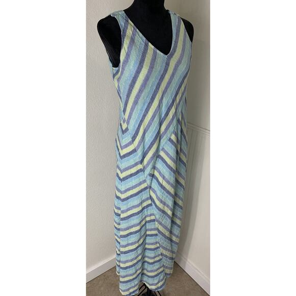 J JILL LOVE LINEN Dress Blue Green Striped Maxi Sundress Asymmetrical Sz M Tall - Picture 4 of 8